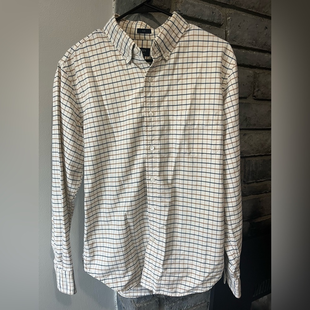 J. Crew Plaid Flex Oxford Shirt Casual Button Down Cream Size Large